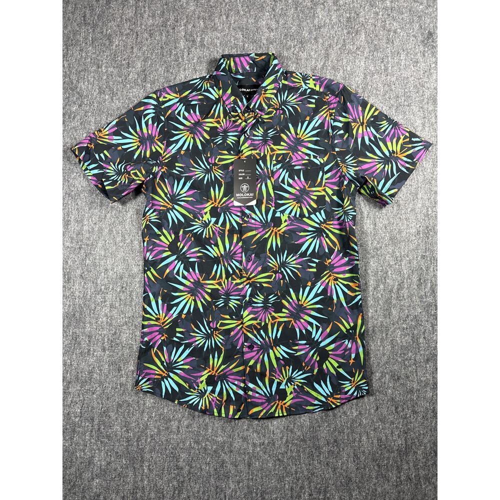Molokai Surf Co Men's Small Short Sleeve Stretch Button Up Black Neon Shirt- NWT